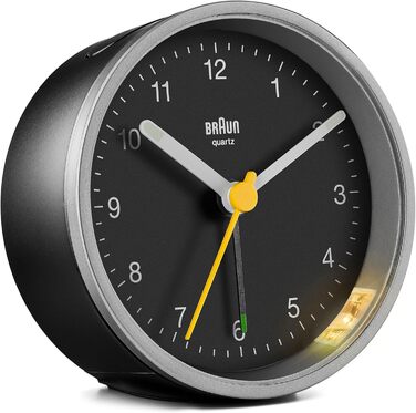 Класичний аналоговий будильник Braun BC12SB з підсвіткою, тихим кварцовим механізмом, поступовим сигналом і функцією повтору, чорний/сріблястий