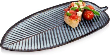 Сервірована тарілка Sänger Tokio, овальна, керамічна, для м'яса, риби та закусок, у формі листка, синя з чорними акцентами, можна мити в посудомийній машині, преміум-колекція