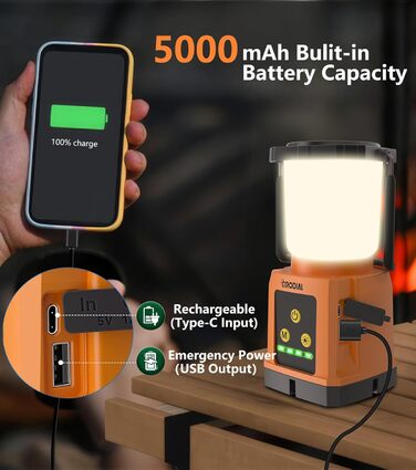 Світлодіодний кемпінговий ліхтар CRODIAL, акумуляторний, 5000 мА·год Power Bank, водонепроникний, для намету, аварійного освітлення, походів, вулиці
