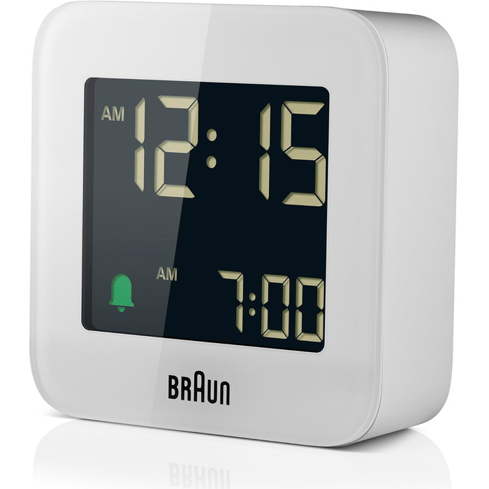 Цифровий дорожній будильник Braun BC08W з функцією відстрочки, компактний, негативний LCD-дисплей, швидке налаштування, наростаючий сигнал, білий