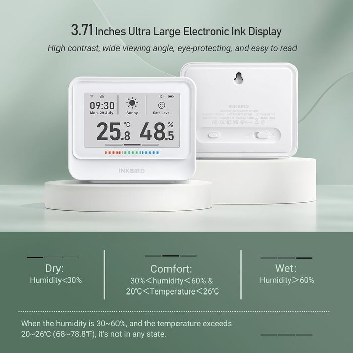 WiFi-термометр і гігрометр INKBIRD IBS-TH5, 8-в-1, з електронним чорнильним дисплеєм, прогнозом погоди, керуванням через додаток і сповіщеннями для дому