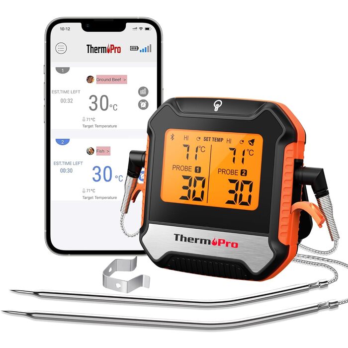Цифровий м'ясний термометр ThermoPro з 2 зондами для гриля, барбекю, коптильні, з Bluetooth 5.0 до 135 м, перезаряджуваний, з сигналом тривоги, для кухні та смартфона