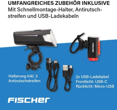 Велосипедний набір освітлення FISCHER: передня і задня LED фара з акумулятором, USB-зарядкою, захистом від бризок IP44, сертифікований StVZO
