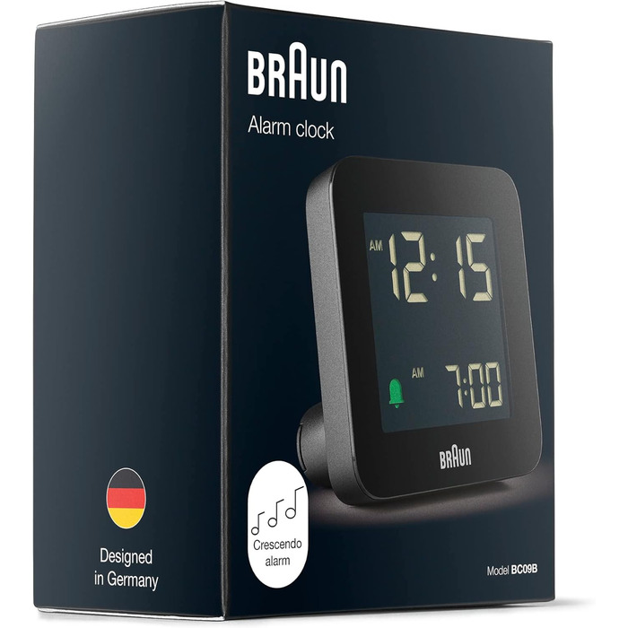Цифровий будильник Braun BC09B з функцією сну, негативним LCD-дисплеєм, швидким налаштуванням і наростаючим сигналом, чорний