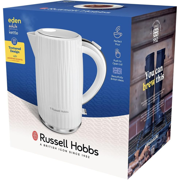 Електрочайник Russell Hobbs Eden 1,7 л 2400 Вт, білий, нержавіюча сталь, знімний фільтр, відкривання кришки кнопкою, індикатор рівня води, підсвітка, BPA free 27360-70