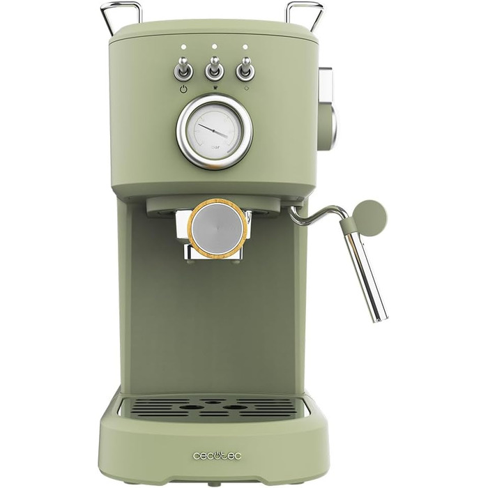 Кавоварка Cecotec Power Espresso 20 Pecan, 1100 Вт, 20 бар, термоблок, манометр, 1,25 л, зелена, з паровою насадкою та подвійним фільтром