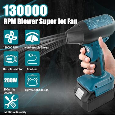 Портативний повітродув Jet Fan для Makita 18V, бездротовий міні-віник 130000 об/хв, 4 режими для очищення авто, пилу, листя, шерсті тварин