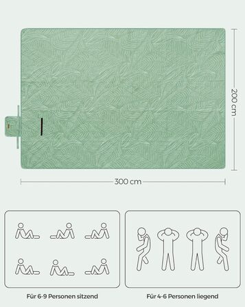 Пікнік-ковдра SONGMICS 300x200 см, водонепроникна, з 4 кілочками, машинне прання, складана, для парку, саду, пляжу, колір хакі з тропічним візерунком