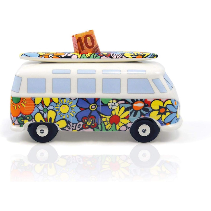 Скарбничка BRISA VW у формі свині з серфбордом, дизайн автобуса Volkswagen T1 Samba, Flower Power, кольорова