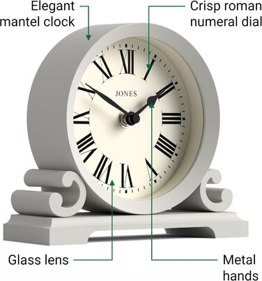 Годинник настільний JONES CLOCKS Saloon, класичний стиль, римські цифри, подвійний скрол, сірий, для столу, полиці чи тумби