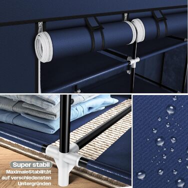 Тканинна шафа KESSER зі штангою та полицями, 150x45x175 см, 5 вішаків, синя, для спальні та гардеробної