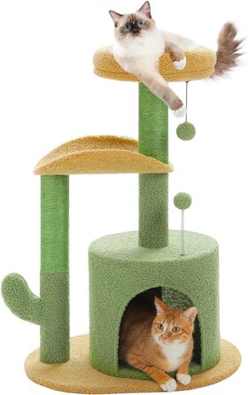 Дряпка для котів PETEPELA Кaktus 84 см, зелена, сучасна, з ліжком, плюшевою печерою, 2 сизалевими стовпами та ігровими м'ячами