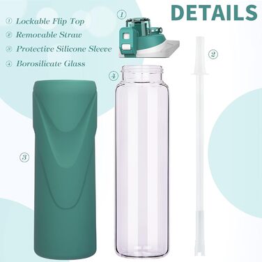 Скляна пляшка для води 1 л з трубочкою, BPA free, боросилікат, силіконова обгортка, темно-зелена