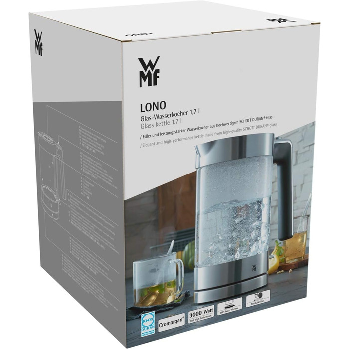 Електрочайник скляний WMF Lono 1,7 л, 3000 Вт, з фільтром від накипу, бездротовий, матова нержавіюча сталь