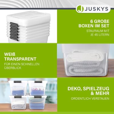 Juskys пластикові контейнери з кришкою 45 л, прозорі, набір 4 шт. — великі, штабельовані бокси для зберігання речей