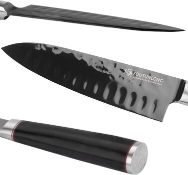 Кухонний ніж Santoku YOUSUNLONG 18 см з японської сталі AUS8, чорне титанове покриття, рукоятка з ебенового дерева