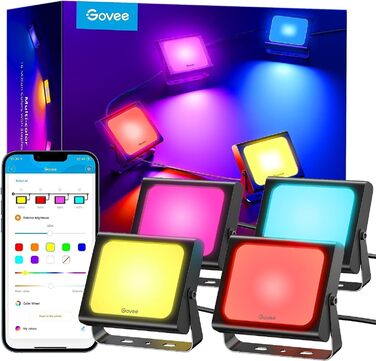 Розумний LED прожектор Govee RGBICWW для вулиці, WiFi, Alexa, 2700-6500K, регульована яскравість, зміна кольору, IP66, 4 шт, святкова гірлянда