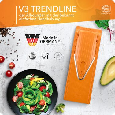 Овочерізка Börner V3 Profi Set — універсальна кухонна терка для нарізки скибочками, соломкою, кубиками, з регульованим V-подібним лезом з нержавіючої сталі, помаранчева