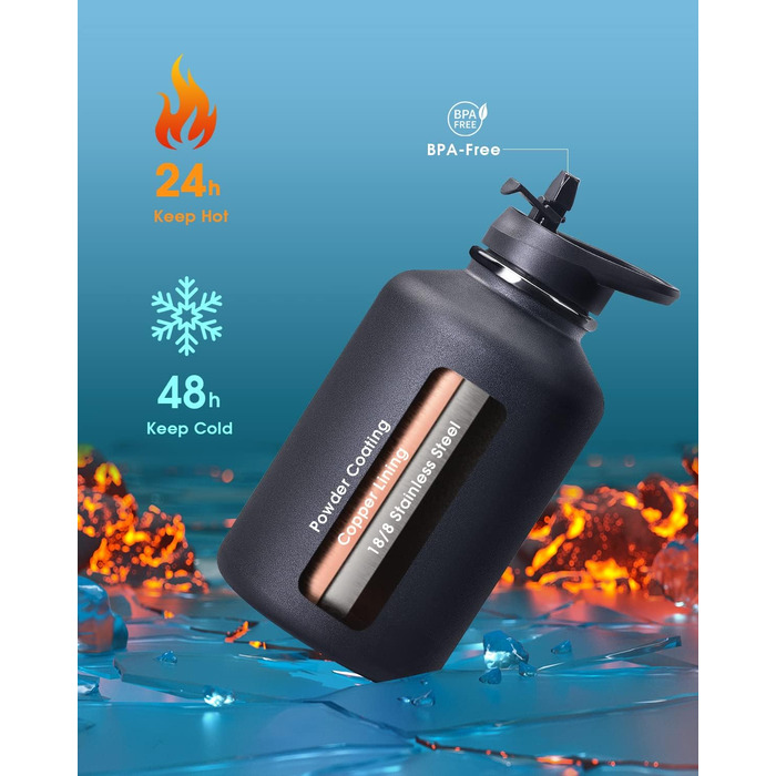 Термобутилка Coolflask 2 л з нержавіючої сталі з PU-чохлом, ізольована пляшка для води з кришкою-соломинкою, тримає холод 48 годин і тепло 24 години, Polar Black