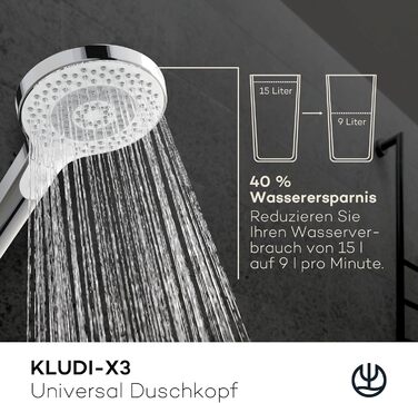 Універсальна душова лійка KLUDI-X3 з шлангом, 3 режими, водозбереження, 11,7 см, хром
