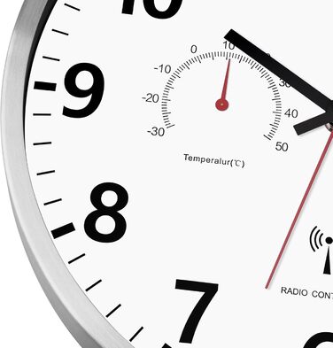 Настінний годинник Foxtop радіокерований, аналоговий, 30 см, з термометром, гігрометром та датою, сріблястий, для кухні та вітальні