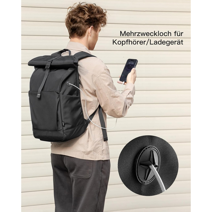Рюкзак Inateck RollTop 25-30 л для чоловіків і жінок, з окремим відділенням для взуття, для ноутбука 17