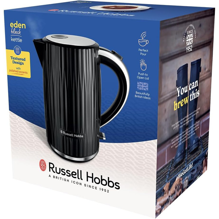 Електрочайник Russell Hobbs Eden 1,7 л, 2400 Вт, білий з нержавіючою вставкою, знімний фільтр від накипу, відкривання кришки кнопкою, індикатор рівня води, підсвічування, BPA-free, модель 27360-70