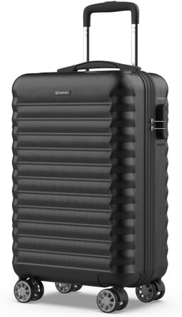 Ручна поклажа валіза Upfly XS 55x36x19 см, 31 л, ABS, 4 подвійні гумові колеса, кодовий замок, роздільник, ремені для фіксації, чорна жорстка оболонка