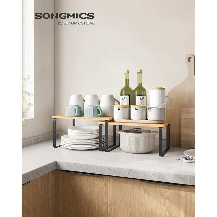 SONGMICS Полиця для спецій, 4 шт, кухонний органайзер, розширювана, стійка для спецій, штабельована, металевий каркас, 19,5×29,7×15,8 см, чорний/бежевий
