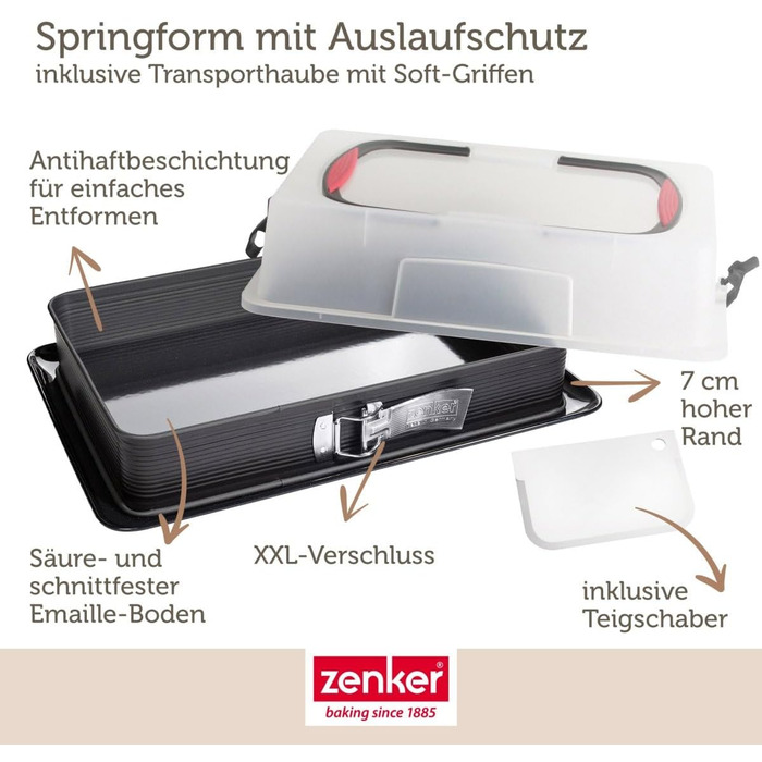 Форма для випічки Zenker Deluxe з кришкою, прямокутна, емальований піддон, контейнер для транспортування торта, чорна/прозора/червона