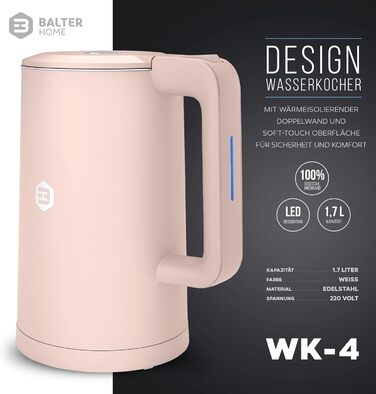 Електрочайник Balter WK-4 з нержавіючої сталі, 1,7 л, подвійна стінка, BPA Free, LED-підсвітка, компактний, тихий, чорний/рожевий