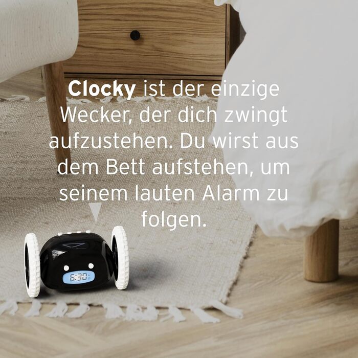 Гучний будильник на колесах CLOCKY для дорослих і підлітків, цифровий, для важко пробуджуваних, смішний, для слабочуючих, тікав та стрибає, подарунок (чорний)