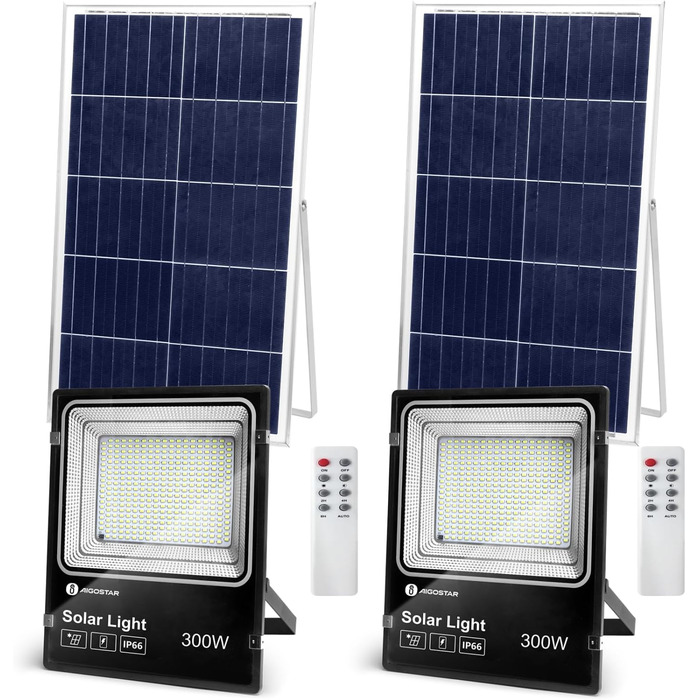 Світлодіодний сонячний прожектор Aigostar 50W, 6500K, IP66, комплект 2 шт, для вулиці, двору, саду, гаража