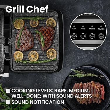 Електричний контактний гриль і сендвіч-тостер Grill Chef 2100Вт, знімні пластини, 2в1, розкладний на 180°, антипригарне покриття, піддон для жиру, звуковий сигнал, сріблястий