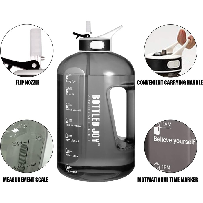 Пляшка для води з трубочкою 2,5 л, BPA-free, герметична, спортивна пластикова пляшка з часовими мітками для фітнесу, офісу, дому, чорна