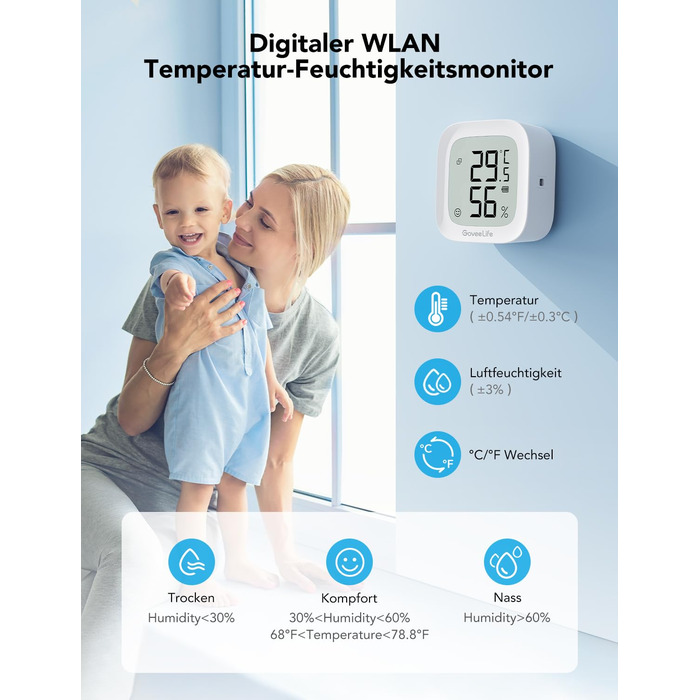 Цифровий термогігрометр GoveeLife WLAN для дому, з додатком, вимірювач температури та вологості, дистанційне керування, зберігання даних, для спальні та винного погребу