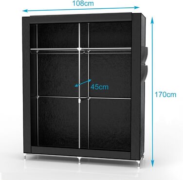 Тканинна шафа INTIRILIFE 108x170x45 см, чорна, з металевим каркасом, полицями, боковою кишенею та рейкою для одягу, розбірна, для зберігання речей