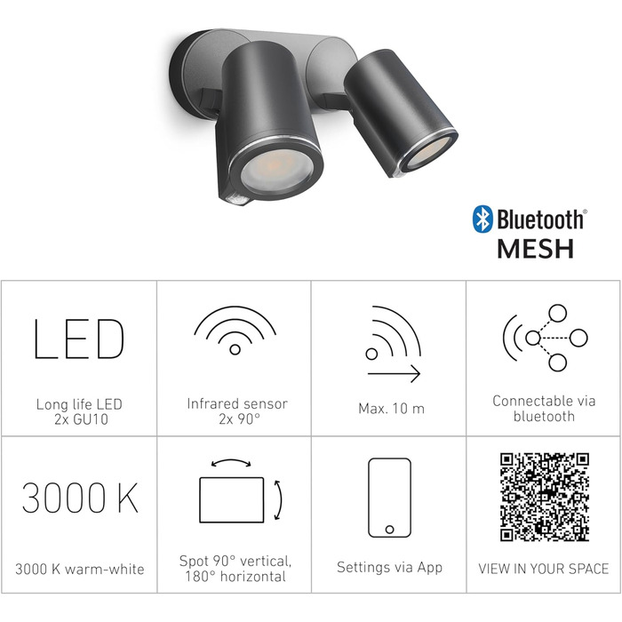 Смарт LED прожектор Steinel Spot DUO SC Connect для вулиці з датчиком руху, димований, керування через додаток, 7 Вт, 3000K, антрацит