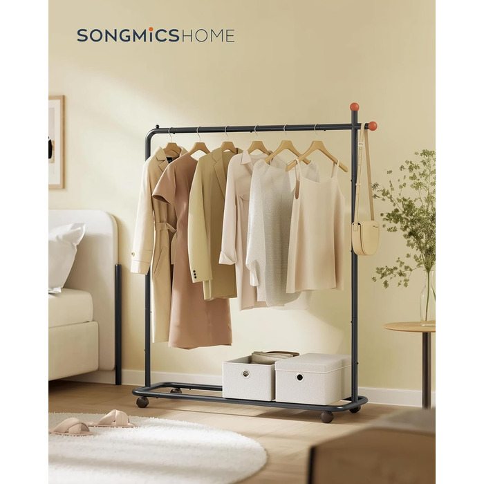 Вішалка на колесах SONGMICS HOME, дві штанги, органайзер, полиця, гачки, для спальні та коридору, 39×154,6 см, чорна