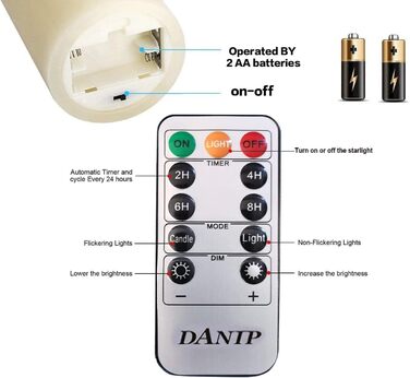Свічки DANIP LED без полум'я з мерехтливою стрічкою, набір 5 шт, дистанційне керування, таймер, реальний віск, білий колір, батарейкові