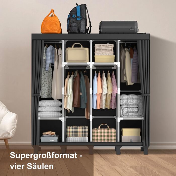 Тканинна шафа LOEFME 170x175x45 см для спальні, чорна, з 2 рейками для вішалок