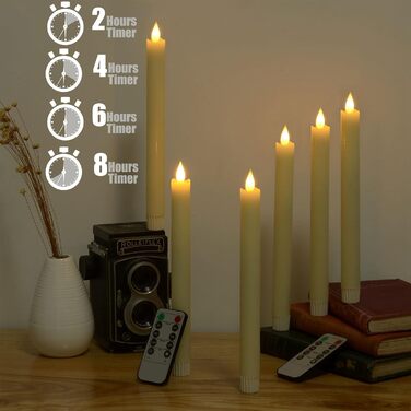 LED свічки Ymenow з таймером, набір 6 шт. 24,5 см, електричні свічки з натурального воску, мерехтливе полум'я, 2 пульти, для спальні, вітальні, декору Хелловін та Різдва