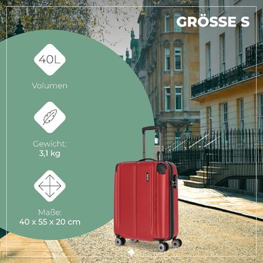 Дорожній валізний чемодан Travelite City 55 см, 40-45 л, жорсткий корпус, 4 колеса, для ручної поклажі, з розширенням і функцією насадки, червоний, захист від подряпин