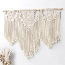Великий макраме настінний гобелен Dremisland Boho, бежевий, з китицями та перлинами, для декору стін у спальні та вітальні, 110x80 см (лист), богемна настінна тканина