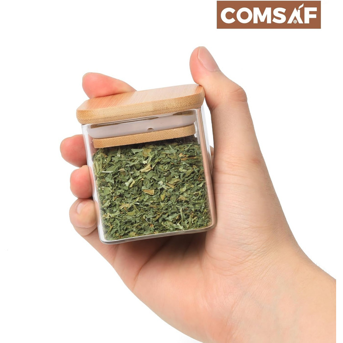 Набір скляних баночок для спецій ComSaf, 12 шт, квадратні, 120 мл, з дерев'яною кришкою та етикетками, для спецій, цукру, кавових зерен