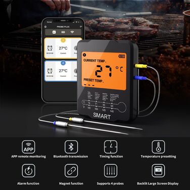 Бездротовий цифровий термометр для м'яса Uzone з Bluetooth, додатком для віддаленого контролю до 100 м, LCD-підсвіткою, 4 зондами (2 використовуються), для гриля, духовки, барбекю, коптильні