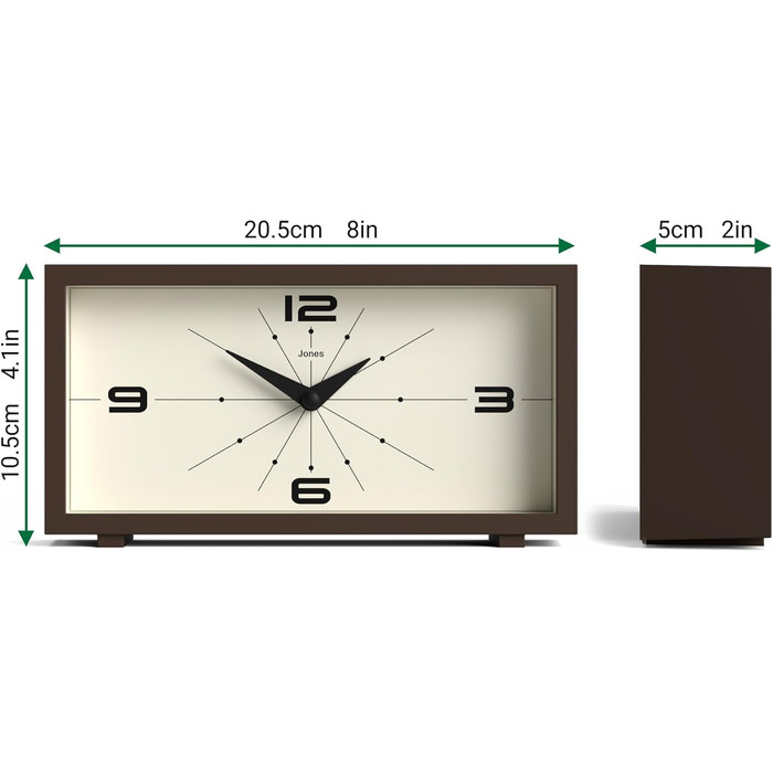 Настільний годинник JONES CLOCKS Odeon, сучасний прямокутний дизайн у ретро-стилі, для полиці, столу, каміна або тумбочки, коричневий
