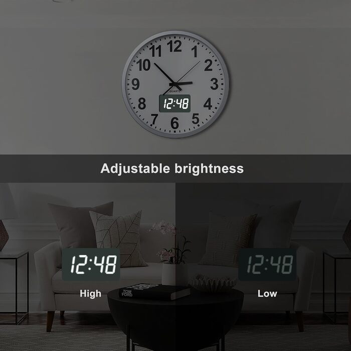 Сучасний настінний годинник KWANWA без тикань, цифровий LED/LCD дисплей, календар, термометр, на батарейках, 30,5 см, 12-годинний формат, для кухні, спальні, офісу, сріблясто-білий