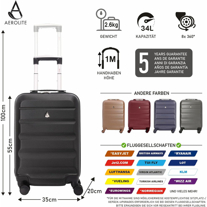 Валіза Aerolite XL 79 см, легка ABS, 4 колеса, чорна, жорсткий корпус, ручна поклажа 55 см