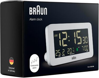 Цифровий годинник Braun BC10W з датою, місяцем і температурою, негативний LCD-дисплей, швидке налаштування та наростаючий сигнал, білий